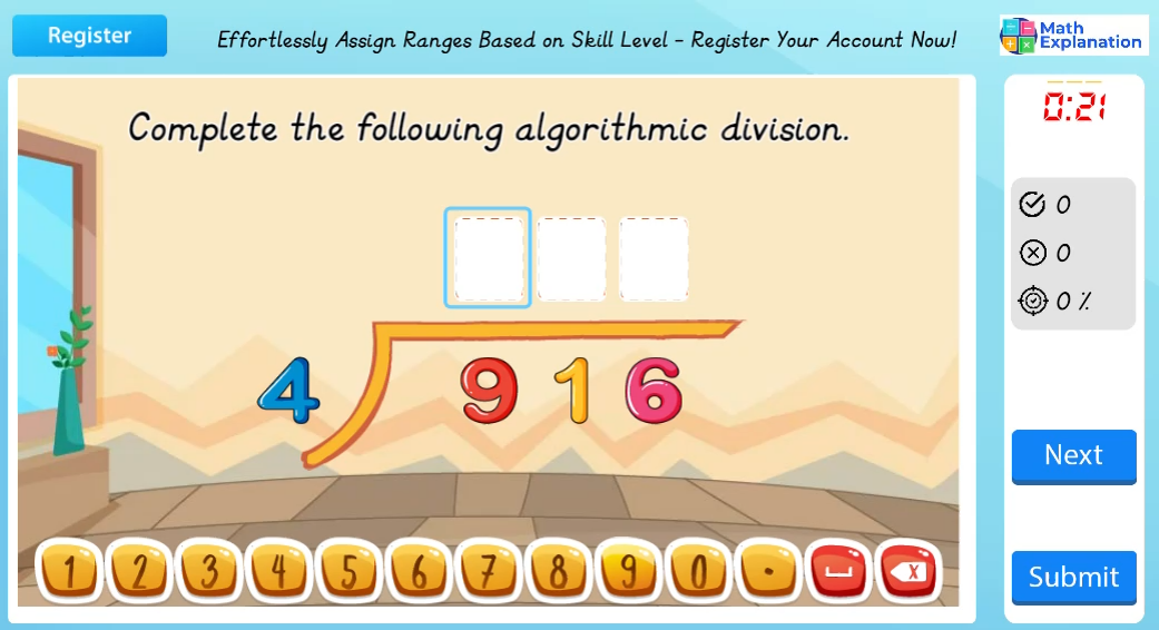 Algorithmic division: 1 digit divisor without remainders