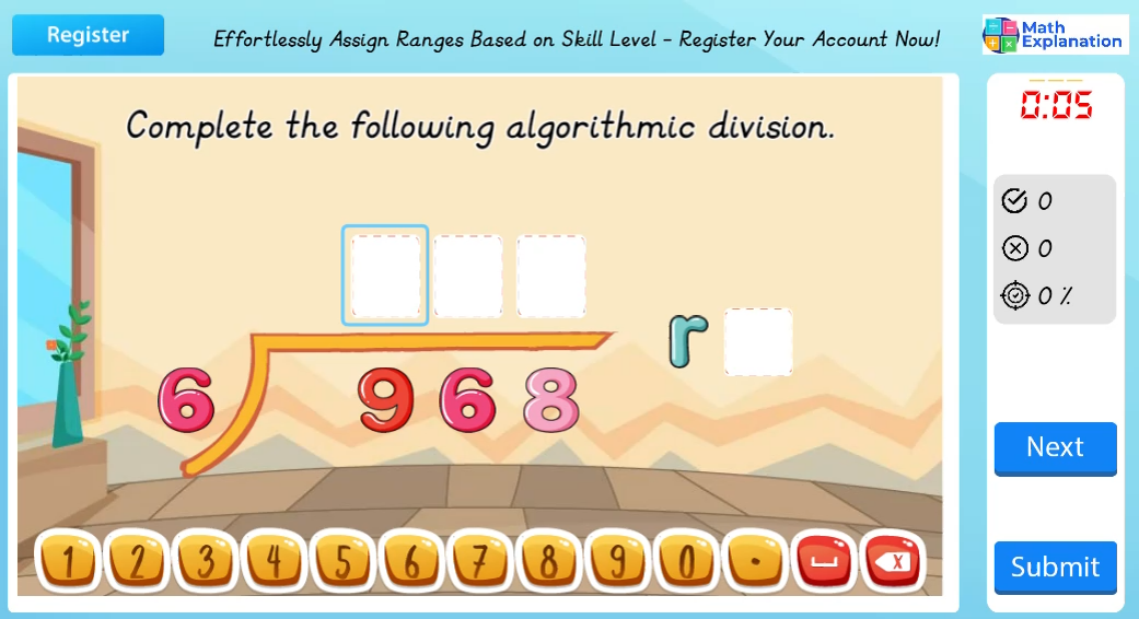 Algorithmic division: 1 digit divisor with remainders