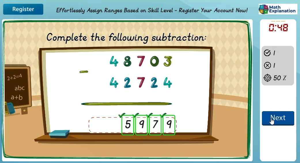 Vertical subtraction with borrowing - answer correct