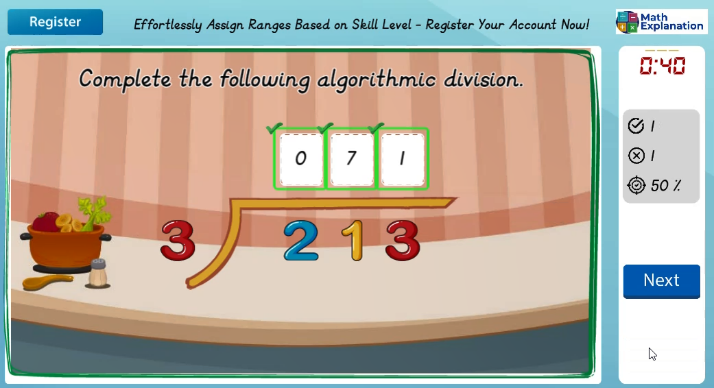 Algorithmic division: 1 digit divisor without remainders - answer correct