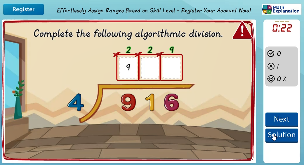 Algorithmic division: 1 digit divisor without remainders - answer incorrect