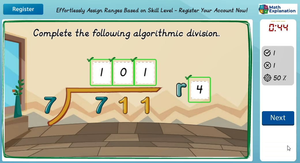 Algorithmic division: 1 digit divisor with remainders - answer correct