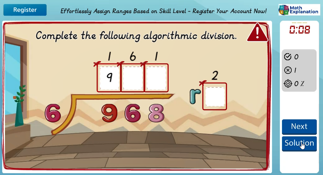 Algorithmic division: 1 digit divisor with remainders - answer incorrect