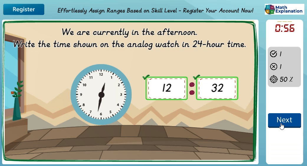 Writing 12-hour time in 24-hour time: Analog to digital - answer correct