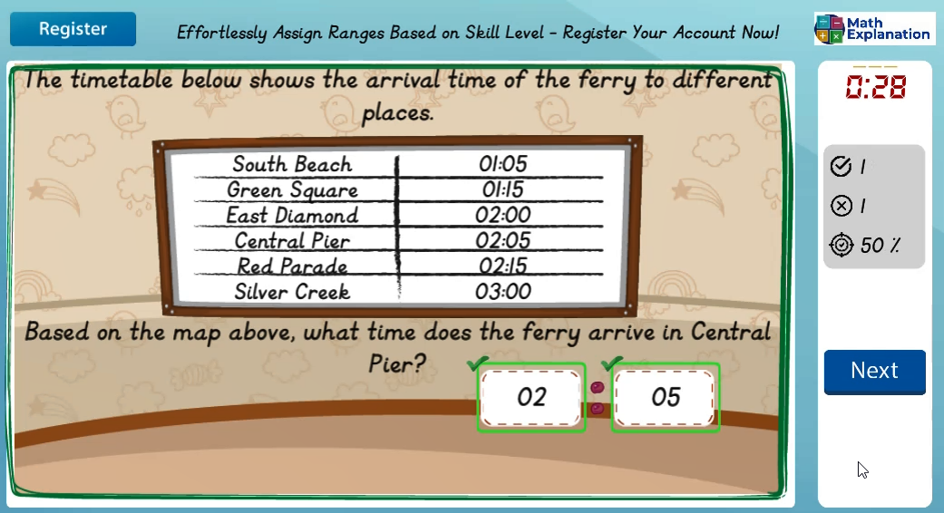 Reading a transportation timetable: Single timing - answer correct