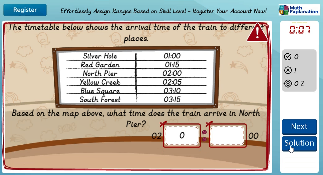 Reading a transportation timetable: Single timing - answer incorrect