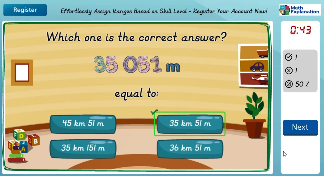 Conversion of length: Metres to kilometres - answer correct