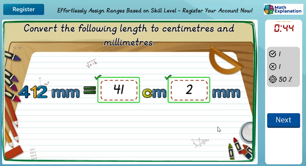 Conversion of length: Millimetres to centimetres - answer correct