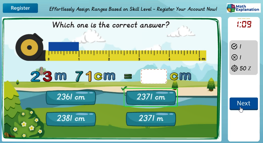 Conversion of length: Centimetres to metres - answer correct