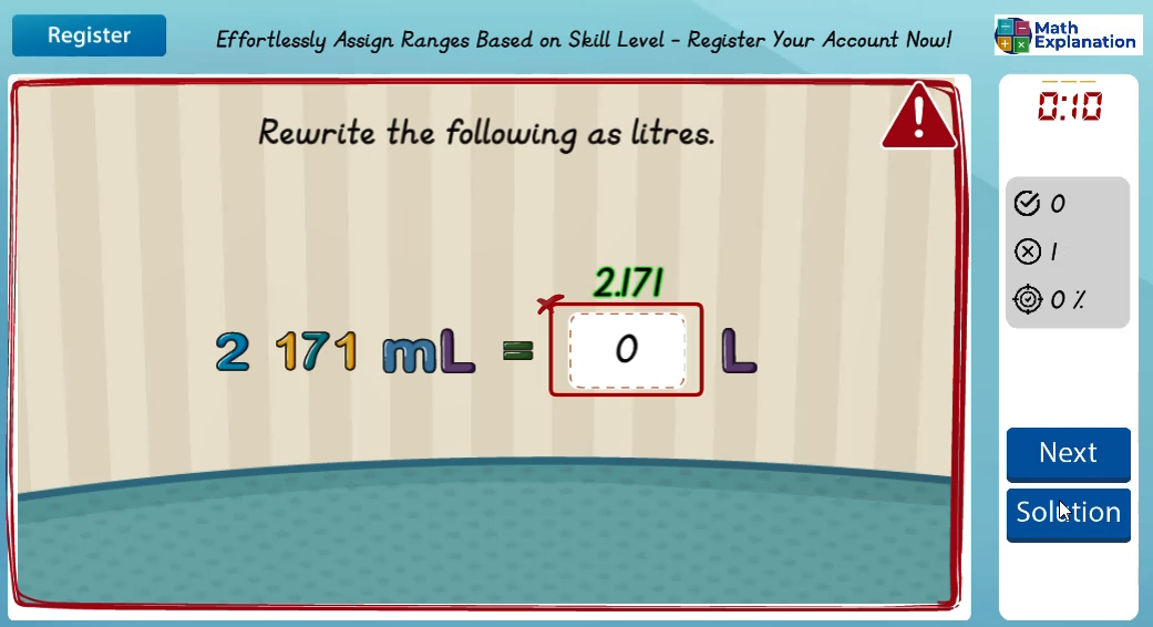 Converting of mass: Millilitres to litres - answer incorrect
