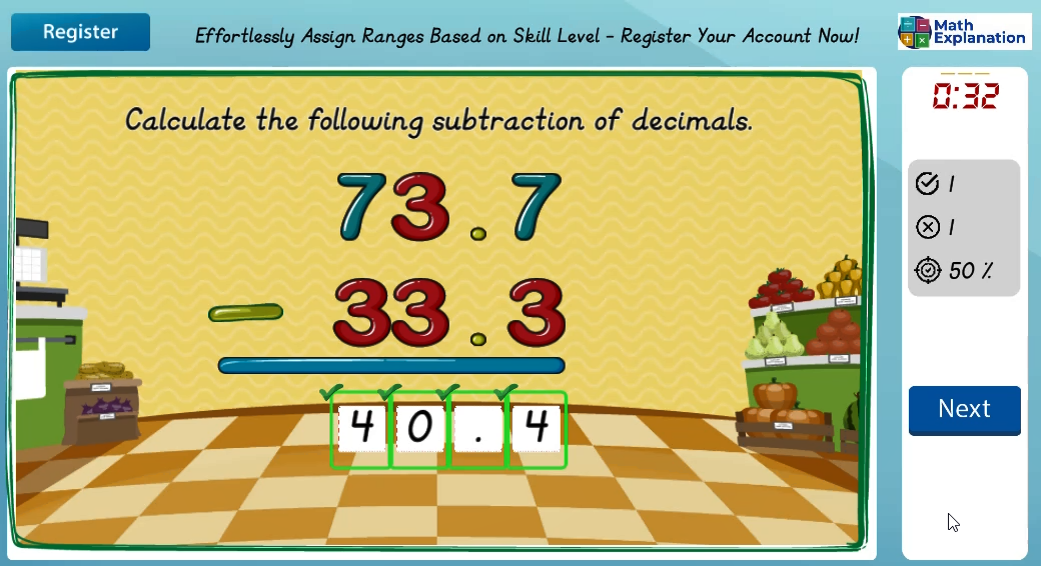 Solving algorithm for subtraction involving decimals - answer correct