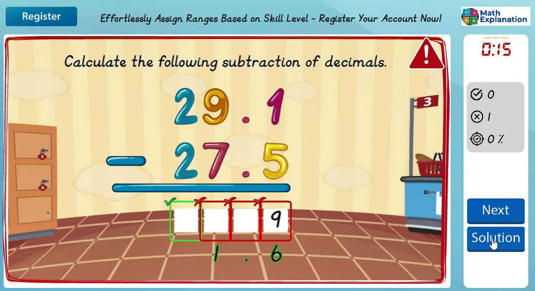 Solving algorithm for subtraction involving decimals - answer incorrect