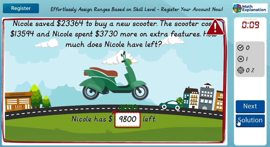 Problem solving involving subtraction - answer incorrect