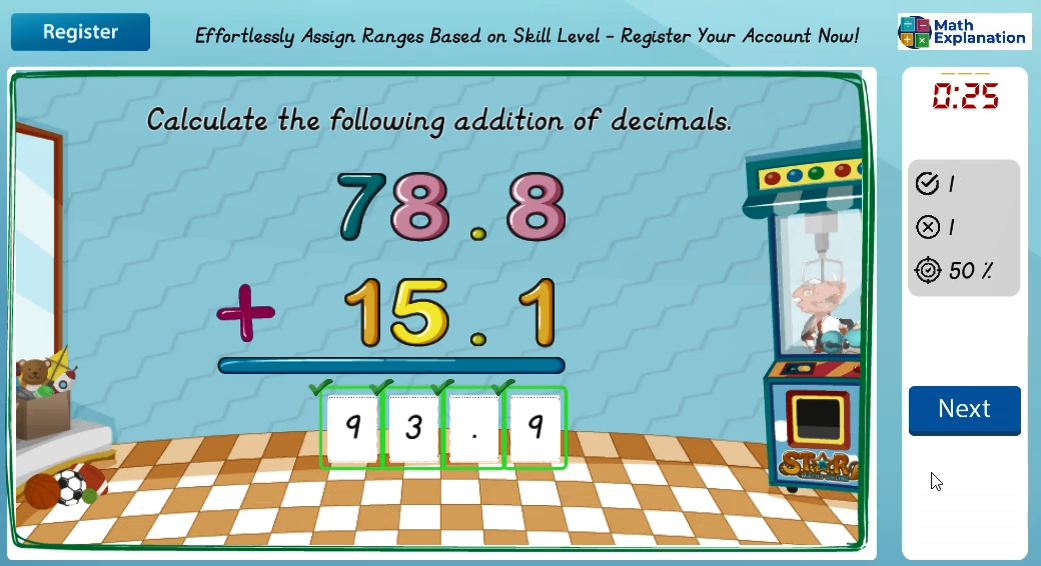 Solving algorithm for addition involving decimals - answer correct